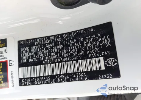 2017 Toyota Camry Se from USA, damaged, VIN 4T1BF1FK6HU405401